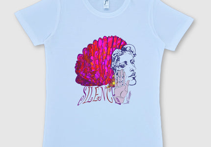 Tee-shirt femme imprimé Jade Silence vibrant - Design original WO - Portrait artistique rose fuchsia et nuances électriques