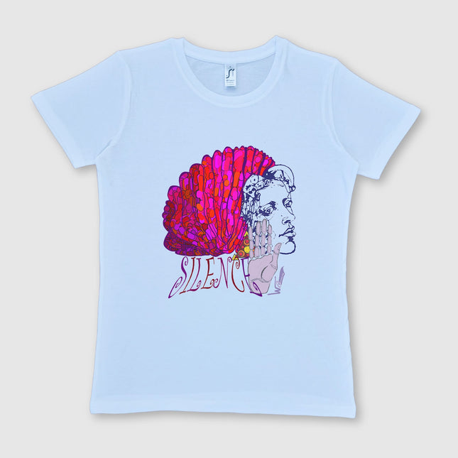 Tee-shirt femme imprimé Jade Silence vibrant - Design original WO - Portrait artistique rose fuchsia et nuances électriques