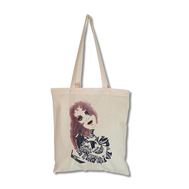Détail motif graphique Sasha Rebelle et magnétique violet rose sur tote bag femme