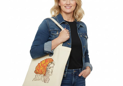 Femme portant tote bag Jade Silence éclat feu - Sac fourre-tout artistique Wostore
