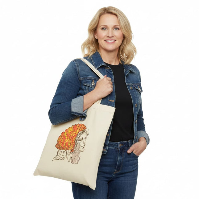 Femme portant tote bag Jade Silence éclat feu - Sac fourre-tout artistique Wostore