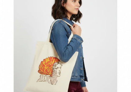 Détail impression artistique Jade Silence éclat feu sur tote bag orange rouge