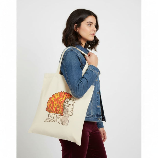Détail impression artistique Jade Silence éclat feu sur tote bag orange rouge