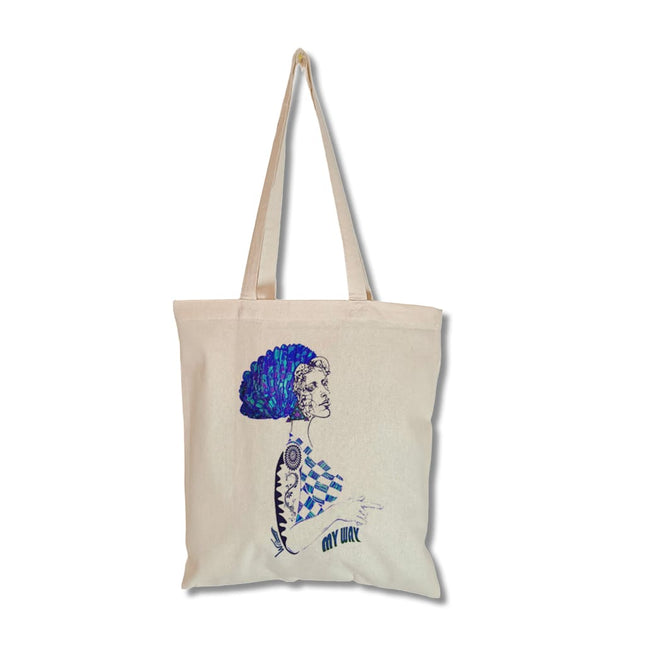 Détail motif  Louise Insoumise abyssale bleu sur tote bag femme