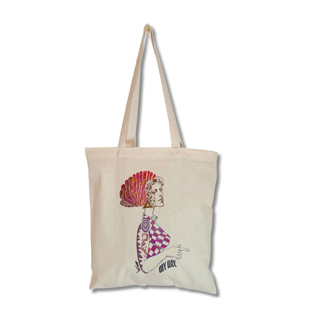 Détail motif vibrant Louise Insoumise éclatante jaune  rouge sur tote bag femme