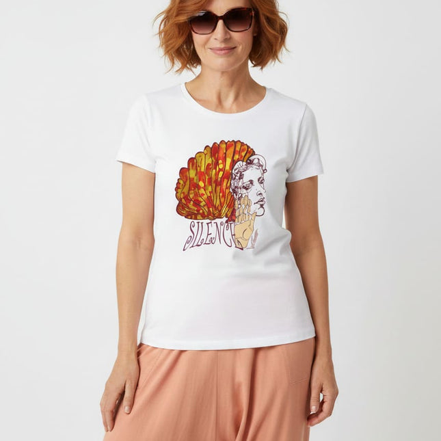 Tee-shirt femme imprimé Jade Silence éclat feu, création originale WO – vue de face