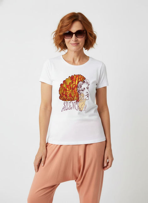 Tee-shirt femme imprimé Jade Silence éclat feu, création originale WO – vue de face