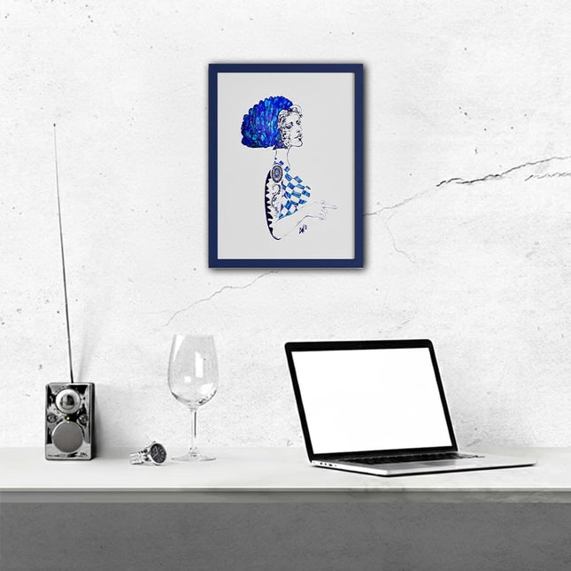 Dessin grand format Louise Insoumise abyssale bleu - Poster art contemporain féminin WO
