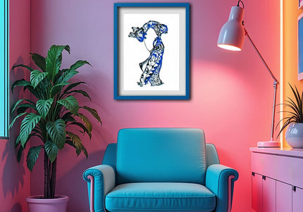 dessin original Nox l'empreinte fluide encadrée bleu - Décoration murale pop art France WO