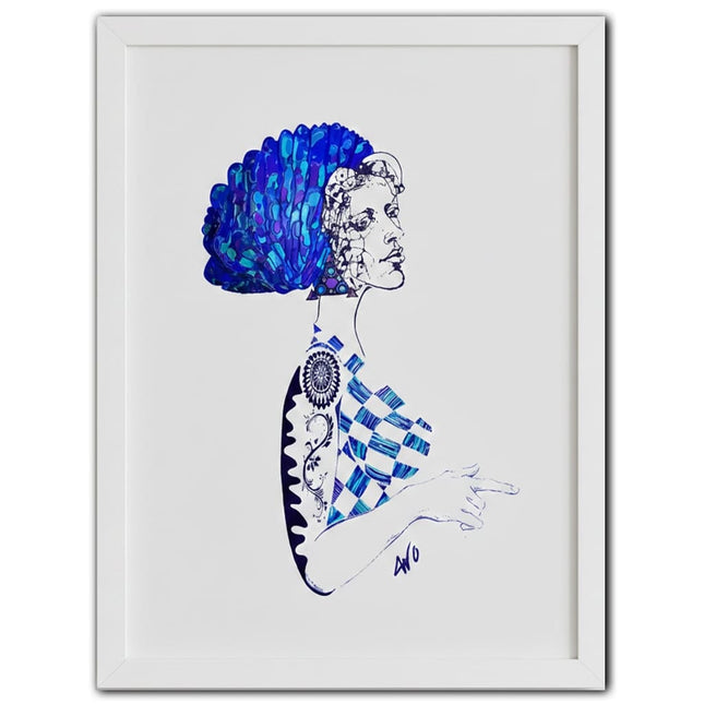 Détail dessin féminin Louise Insoumise abyssale bleu profond - Illustration artistique WO