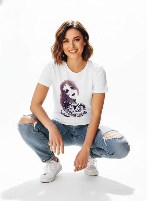 detail du dessin rebelle et magnetique cree par l’artiste wo imprime sur tee-shirt femme blanc