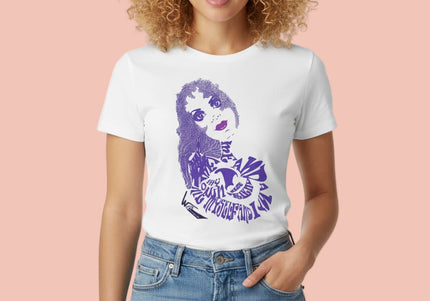 Illustration Rebelle Indigo dessinee par wo imprimee sur tee-shirt femme blanc