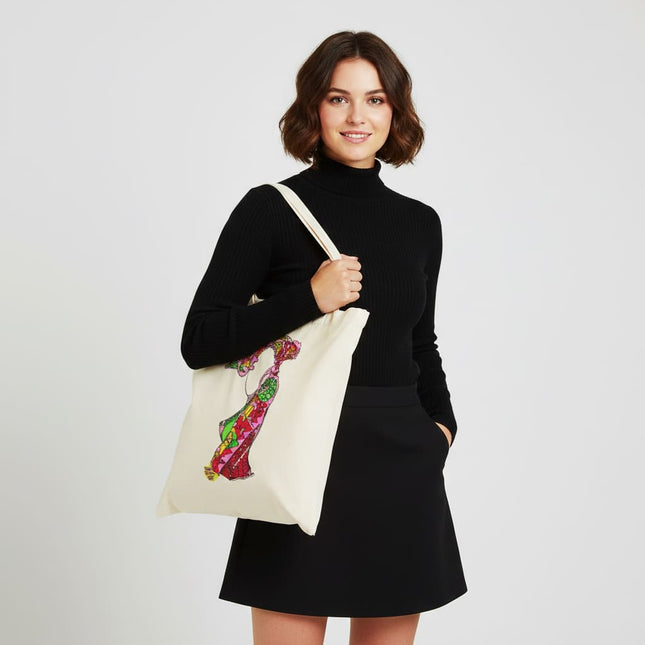 Détails tote bag artistique Nox l'empreinte incandescente rose fuchsia vibrant - Illustration pop art WO