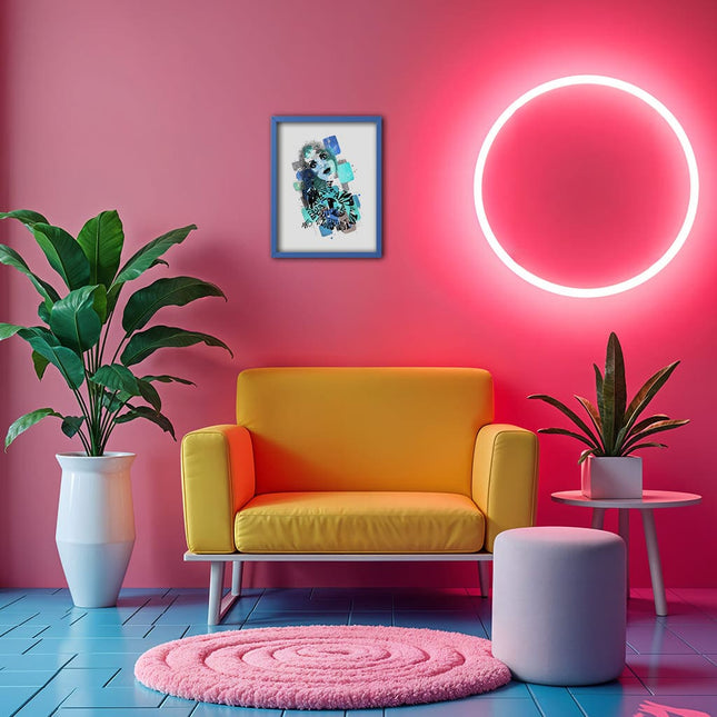 salon moderne avec illustration murale art deco de wo sasha rebelle intuitive tons bleus et gris