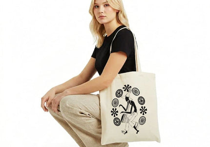 sac en toile artistique noir et blanc motif rythme WO inspiration africaine percussion énergie mouvement