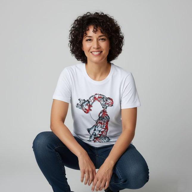 T-shirt femme Nox l'empreinte ardente porté - Vêtement artistique orange WO