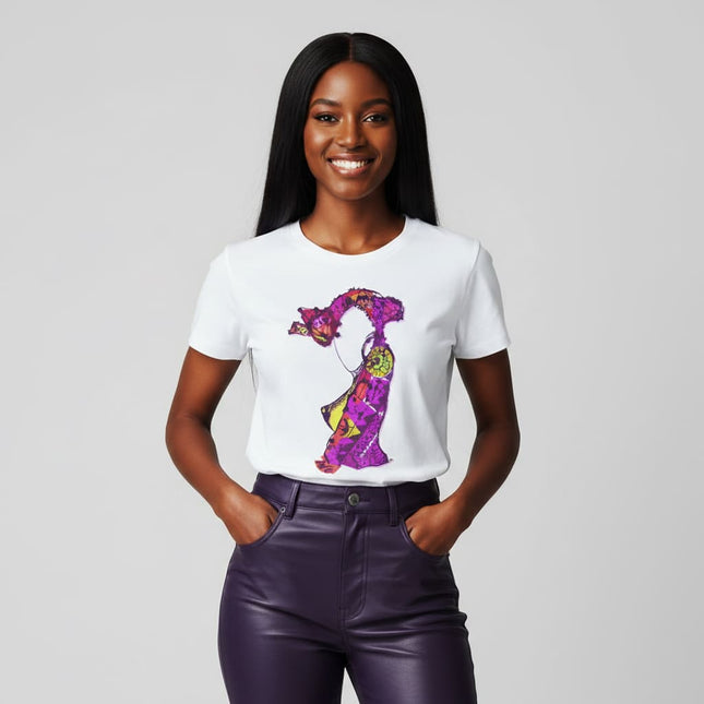 T-shirt femme Nox l'empreinte vibrante porté - Vêtement artistique violet WO