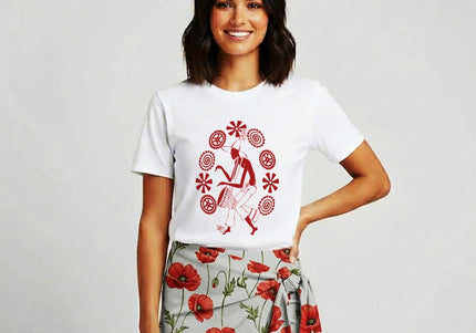 t-shirt artistique femme motif terracotta WO appel du rythme enraciné tenue estivale jupe fleurie