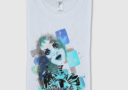 t shirt femme plie sur wostore motif sasha rebelle intuitive tons bleus et gris art deco contemporain de wo