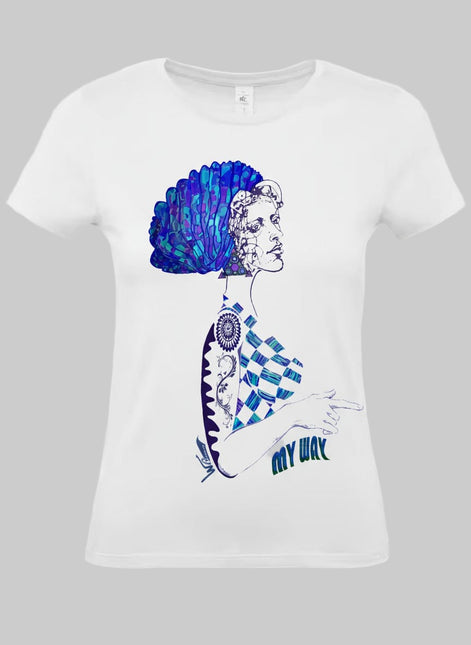 Tee-shirt femme blanc collection Louise WO – design Insoumise Abyssale – illustration artistique femme de profil  bleu et texte "My Way"