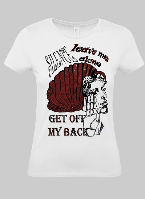 Tee-shirt femme blanc imprimé – design Silence Intérieur collection Jade WO – motif artistique bordeaux avec texte "Get off my back"