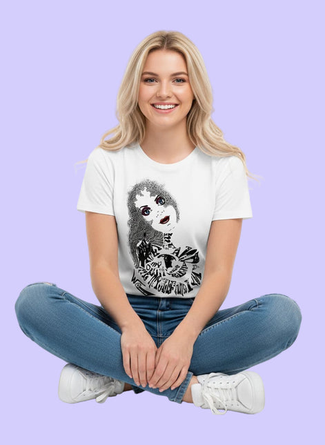 tee-shirt femme rebelle et elegante illustre par wo porte dans un style mode contemporain féminin