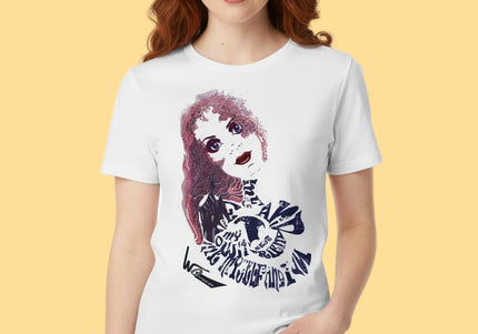 tee-shirt femme blanc rebelle et magnetique illustre par wo porte de face dans un style art contemporain urbain