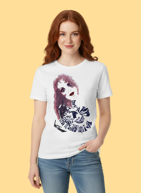tee-shirt femme blanc rebelle et magnetique illustre par wo porte de face dans un style art contemporain urbain