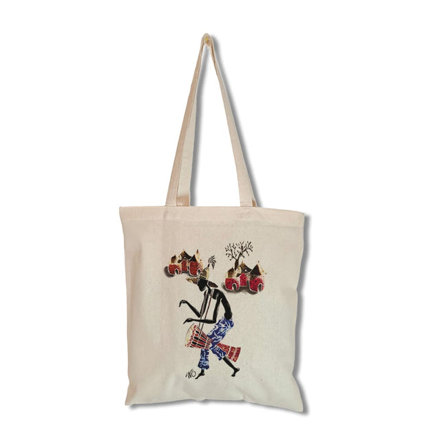 Tote bag Le passeur de rythme signé WO, sac cabas en tissu avec illustration contemporaine d'un musicien porteur de rythme et de mémoire.