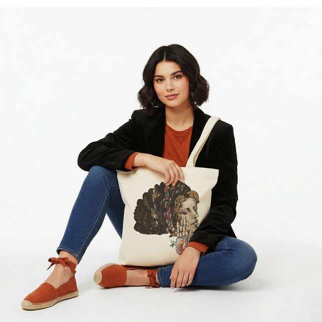 Totebag art illustré Jade Silence Habité – figure féminine textures organiques, artiste WO