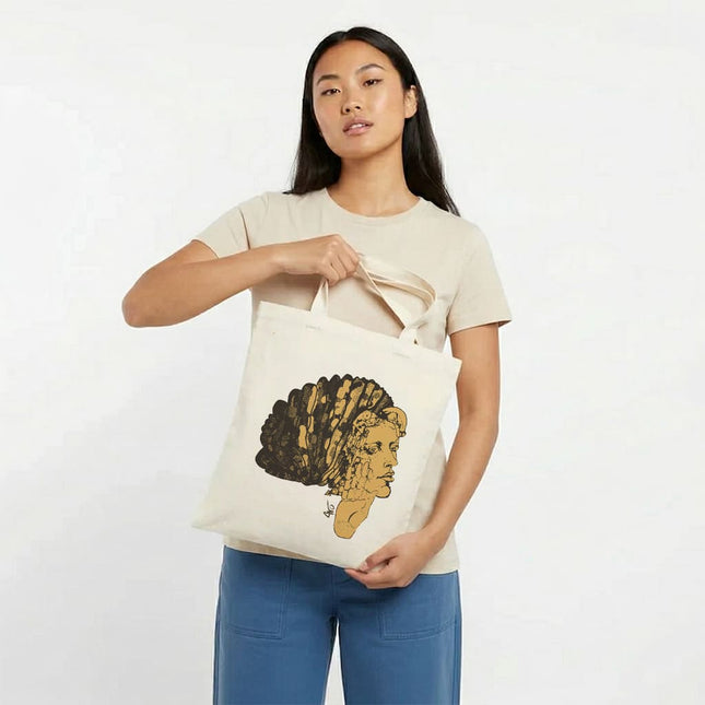 Sac tissu illustré Jade Silence Ancré – visage féminin palette taupe minérale, WO