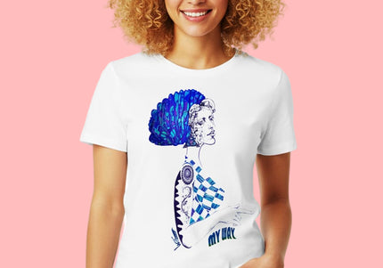 t shirt femme illustration visage bleu design artistique WO t-shirt graphique moderne