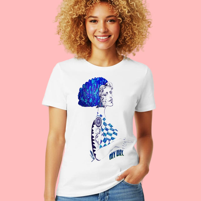 t shirt femme illustration visage bleu design artistique WO t-shirt graphique moderne