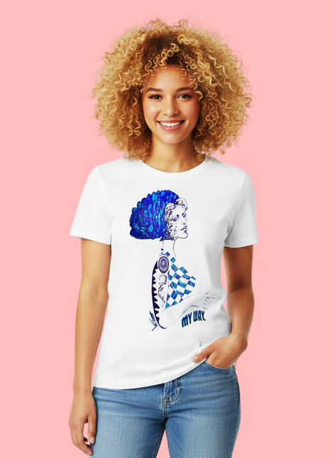 t shirt femme illustration visage bleu design artistique WO t-shirt graphique moderne